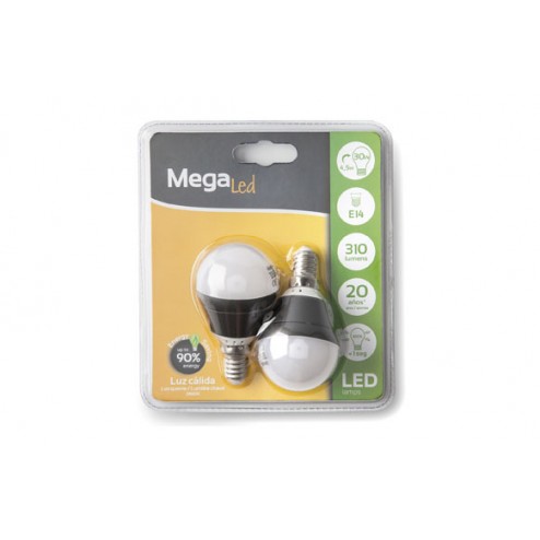 Lampara Led Mini Esferica (2Uni) Megaled 4,5W E-14 Luz Calida (3000K)