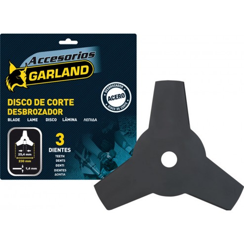 Disco Desbrozadora 3 Dientes Diam.230mm Eje 25,4mm Garland >25Cc - Hierba Resistente y Matorrales