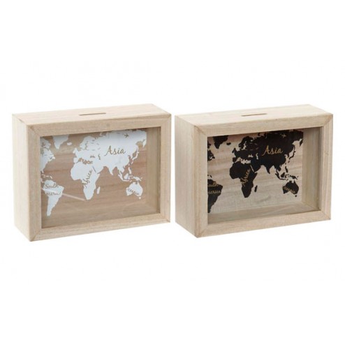 Hucha Madera Cristal 20x15x6,5cm Mapa Mundi Surtido