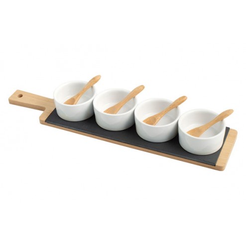 Set Aperitivo Pizarra Bambú Rectangular 40x9Cm Bols Blancos