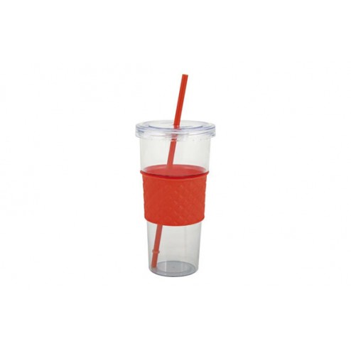 Vaso Plástico con Pajita 10x19 Transparente y Rojo